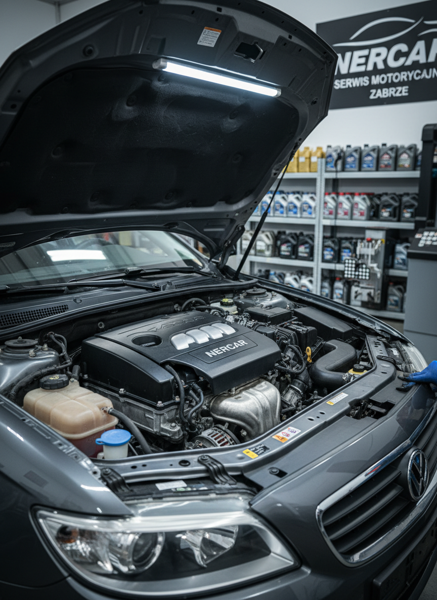 The front end of a dark gray car with its hood open, revealing a clean, detailed engine bay during service at Nercar Serwis Motoryzacyjny Zabrze. The engine cover, hoses, and metal components show realistic textures and slight wear, while a slim LED work light illuminates the engine from above, creating crisp highlights and defined but gentle shadows. In the background, slightly out of focus, stand organized oil containers, coolant bottles, and a wheel alignment machine. Photographed at a low, three-quarter angle from the front corner of the car, the composition leads the eye into the depth of the engine bay. The mood is confident and technical, emphasizing comprehensive engine, suspension, and fuel system repairs in clean photographic realism.