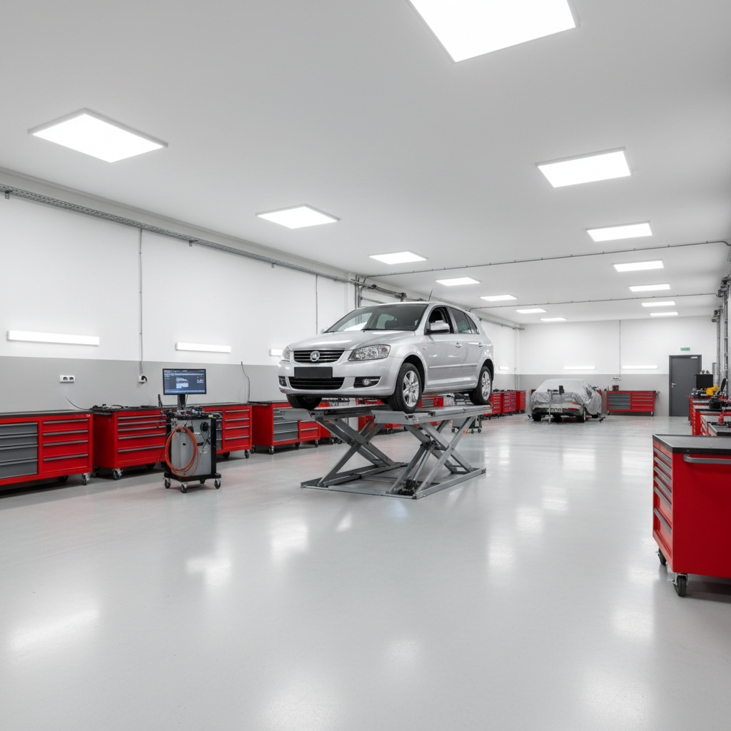 A spotless, modern automotive workshop interior in photographic realism, showing a silver compact car raised on a hydraulic lift at center. The concrete floor is clean and slightly glossy, reflecting overhead LED panel lights that cast bright, even illumination with soft shadows under the vehicle. Around the car, neatly organized tool cabinets in red and gray line the walls, with diagnostic equipment and cables stored precisely. In the background, multiple service bays recede into a softly blurred depth, emphasizing a sense of space and professionalism. Captured at eye level with a wide-angle lens, the composition uses the rule of thirds to place the car prominently, creating a calm, trustworthy, and highly organized atmosphere appropriate for a high-quality automotive service in Zabrze.