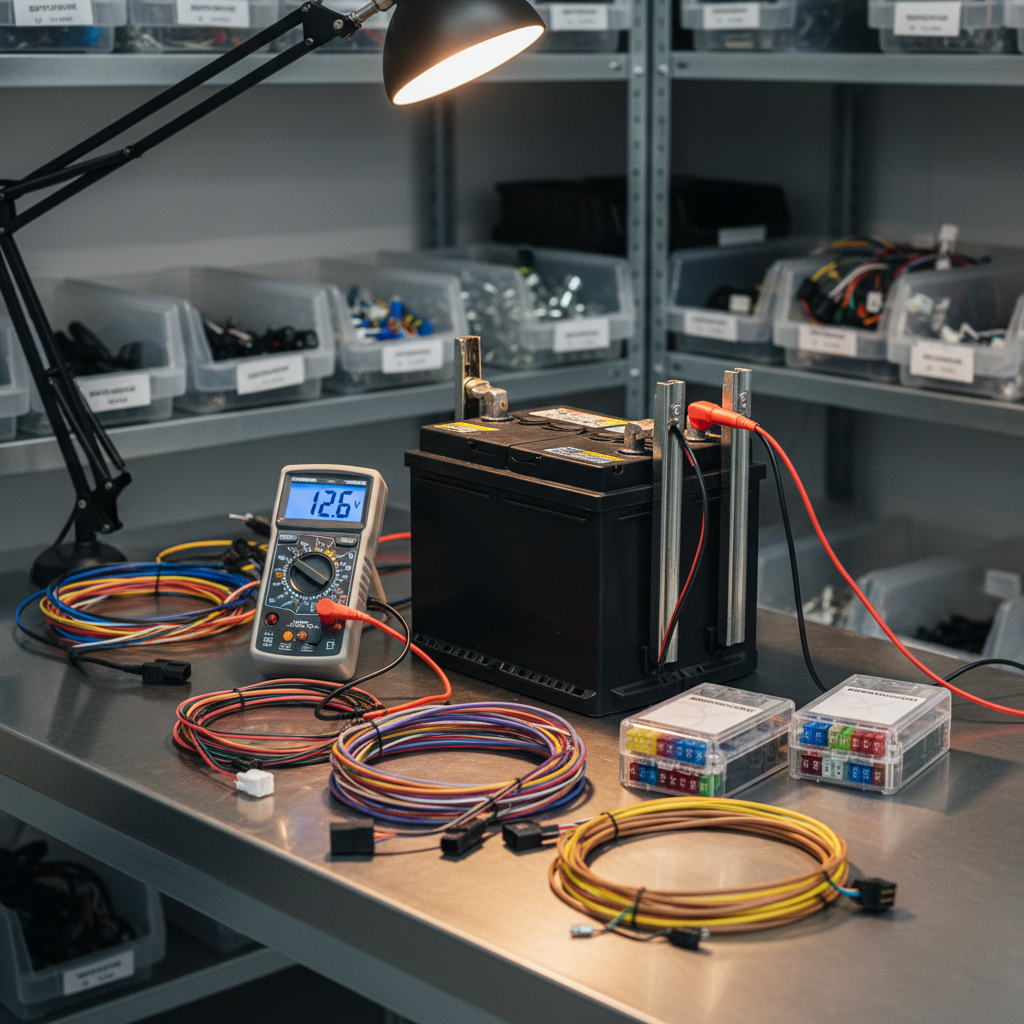 A compact, well-organized automotive electrical workstation in photographic realism, featuring a car battery secured on a heavy-duty bench, surrounded by a digital multimeter with red and black leads, neatly coiled cables, and labeled fuse boxes. The bench surface is smooth metal, subtly reflecting the warm white glow of an articulated workshop lamp positioned above. In the softly blurred background, shelves hold orderly containers of connectors and wiring harnesses. Captured from a slightly elevated, three-quarter angle with moderate depth of field, the composition centers on the battery terminals and meter display. The atmosphere feels meticulous and technical, highlighting careful electrical diagnostics and repairs in a modern Polish car service environment without any human presence.