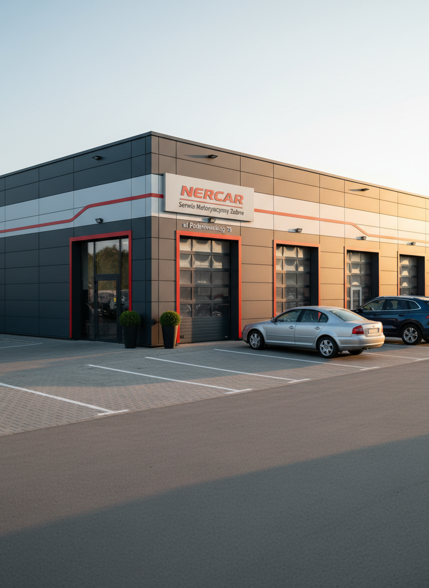 A clean, modern exterior view of Nercar Serwis Motoryzacyjny Zabrze at ul. Paderewskiego 75, featuring a contemporary workshop façade with wide service bay doors, subtle signage reading “Nercar Serwis Motoryzacyjny Zabrze”, and clearly marked parking spaces. The building is finished in light gray and dark graphite tones, with red accent lines echoing automotive styling. It is late afternoon with soft, golden light illuminating the front and casting long, gentle shadows across the paved forecourt. A few parked cars stand in front of the bays, slightly out of focus to keep the signage and entrance crisp. Photographed from a slightly elevated corner angle with a wide lens, the composition conveys accessibility, professionalism, and local identity in realistic, clean photographic style.