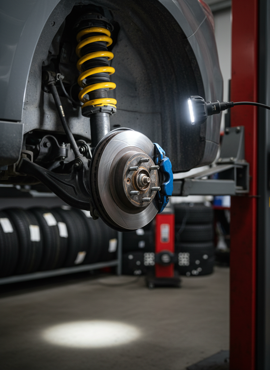 A focused view of a car’s front suspension and brake system lifted high on a professional workshop hoist, with the wheel removed to expose the brake disc, caliper, springs, and control arms. The metal surfaces show realistic traces of road use and fine dust, while a portable LED work lamp attached to the lift column casts strong, directional light, carving out crisp highlights on the disc edge and soft shadows on the floor. The background reveals blurred stacks of tires and alignment equipment, hinting at comprehensive chassis service. Captured from a low angle looking slightly upward toward the exposed assembly, the composition emphasizes mechanical detail and depth. The mood is technical and dynamic, underlining expert suspension and brake repair in photographic realism.