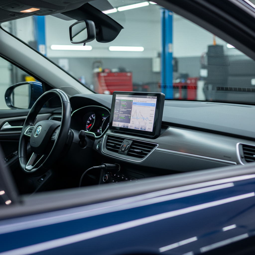 A detailed close-up of a dark blue sedan’s dashboard with an advanced diagnostic scanner plugged into the OBD port, its color screen displaying graphs and fault codes in Polish. The car interior is clean and modern, with textured black plastics and brushed metal accents catching the soft, cool light from an open workshop door. Outside the windshield, the workshop area appears blurred: tool chests, lifts, and tires form a gentle bokeh. Shot from the passenger side at a slightly elevated angle, focusing sharply on the scanner and steering wheel. Overhead LED lighting combines with diffused daylight to create a clinical yet reassuring mood, emphasizing precision computer diagnostics at a professional Zabrze car service center in photographic realism.