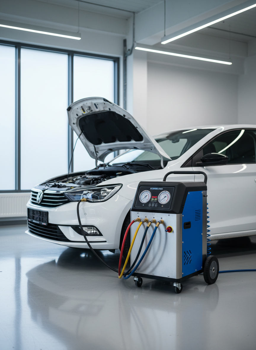 A dedicated air conditioning service station in a modern car workshop, showing a compact AC service machine with pressure gauges, colored hoses, and a digital panel connected to the front of a white hatchback. The vehicle’s hood is raised, exposing part of the engine compartment, while the AC unit stands on a clean, light-gray epoxy floor that subtly reflects its contour. Cool, diffused daylight enters from a side window, softened by frosted glass, and mixes with neutral overhead LEDs, creating a bright, clinical atmosphere. Shot from an eye-level, side-on angle with sharp focus throughout, the composition balances car and machine using the rule of thirds. The scene conveys specialized, precise climate system servicing in a professional Zabrze automotive workshop, rendered in clear photographic realism.