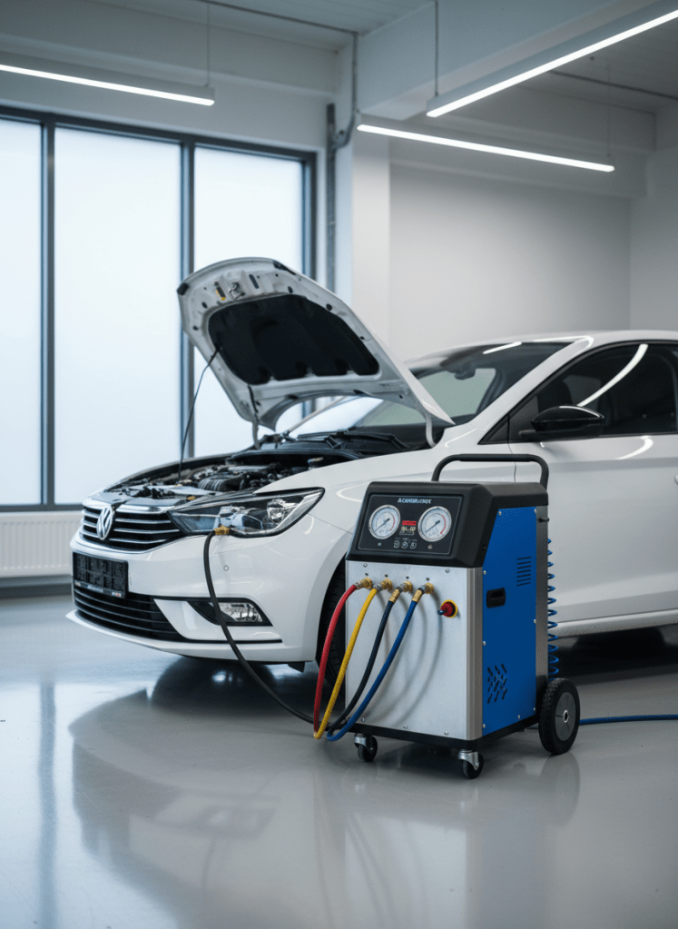A dedicated air conditioning service station in a modern car workshop, showing a compact AC service machine with pressure gauges, colored hoses, and a digital panel connected to the front of a white hatchback. The vehicle’s hood is raised, exposing part of the engine compartment, while the AC unit stands on a clean, light-gray epoxy floor that subtly reflects its contour. Cool, diffused daylight enters from a side window, softened by frosted glass, and mixes with neutral overhead LEDs, creating a bright, clinical atmosphere. Shot from an eye-level, side-on angle with sharp focus throughout, the composition balances car and machine using the rule of thirds. The scene conveys specialized, precise climate system servicing in a professional Zabrze automotive workshop, rendered in clear photographic realism.